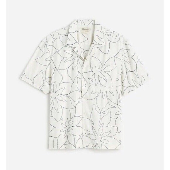 Madewell Shirt Mens XXL Cream Linen Embroidered Boxy Tropical Short-Sleeve New - Picture 1 of 16
